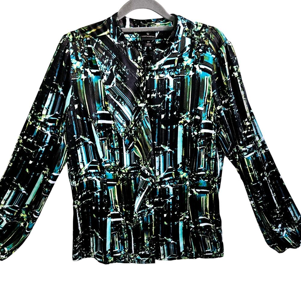 Worthington Women's L Tall Long Sleeve Abstract Button Up Black Blue Disco Top